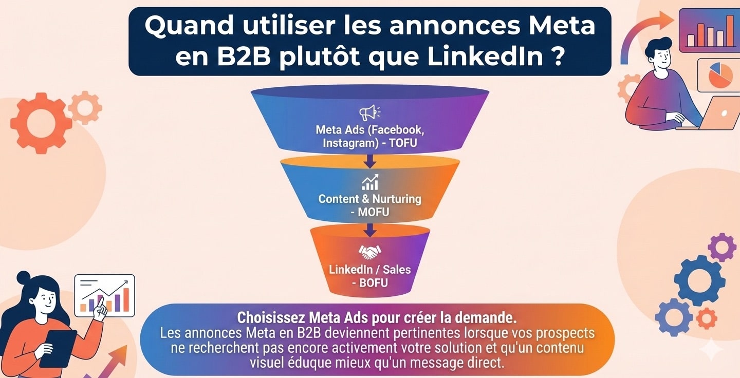 Utiliser la publicité Meta Ads et LinkedIn pour amplifier la visibilité d’un contenu B2B Amplifier la visibilité d’un contenu avec la publicité : funnel B2B montrant Meta Ads pour la demande, nurturing contenu puis conversion sur LinkedIn
