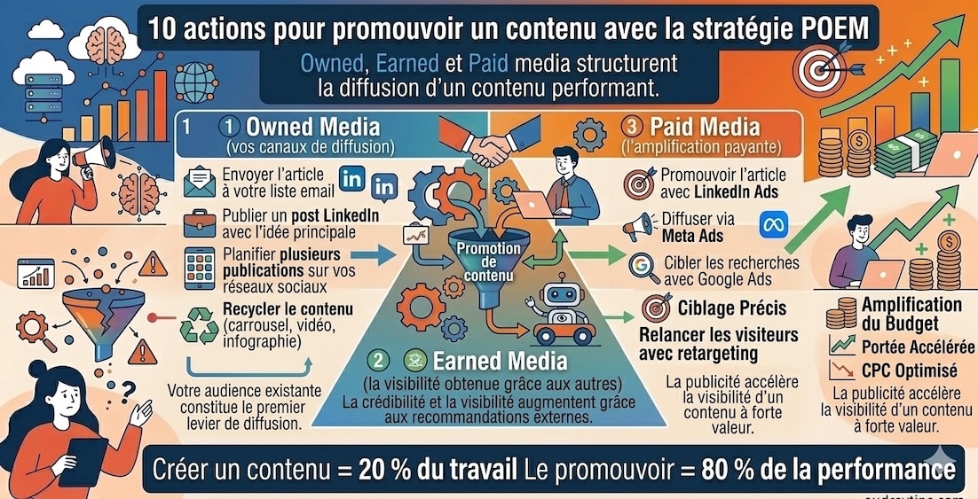 Comment promouvoir un contenu avec la stratégie POEM pour augmenter sa visibilité et son trafic Infographie stratégie POEM montrant 10 actions pour promouvoir un contenu avec owned media, earned media et paid media afin d’augmenter le trafic