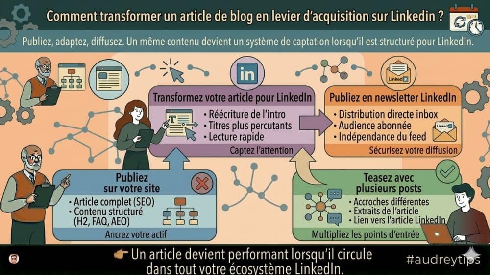 Transformer vos articles longs LinkedIn en levier d’acquisition B2B Infographie - Process articles longs LinkedIn pour transformer un article de blog en levier d’acquisition B2B