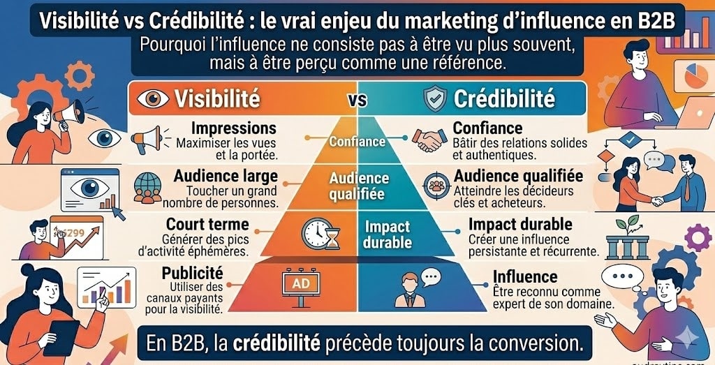 Marketing d’influence B2B : visibilité ou crédibilité pour positionner votre marque ? Infographie comparant visibilité et crédibilité en marketing d’influence B2B pour positionner efficacement une marque.