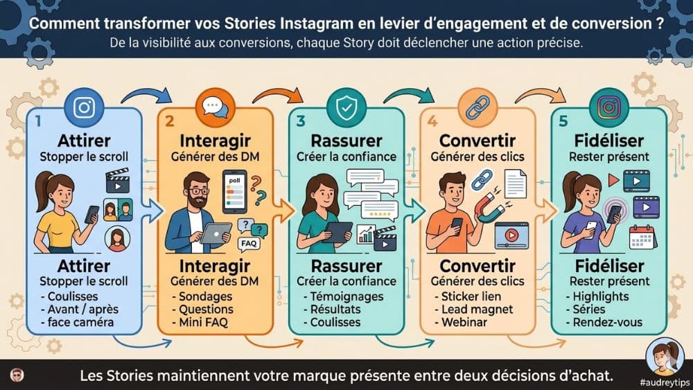 Infographie Stories Instagram : engagement, visibilité et conversion Infographie présentant les 5 étapes pour transformer les Stories Instagram en levier d’engagement, de visibilité et de conversion.