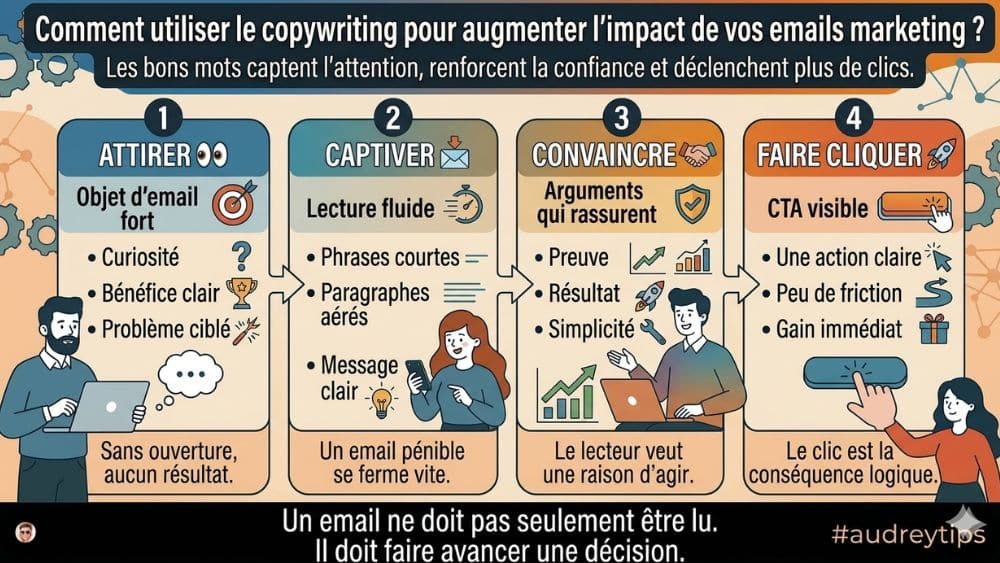Comment utiliser le copywriting pour augmenter durablement l’impact de vos emails marketing ? Infographie copywriting email marketing en 4 étapes : attirer, captiver, convaincre et faire cliquer pour augmenter les résultats.
