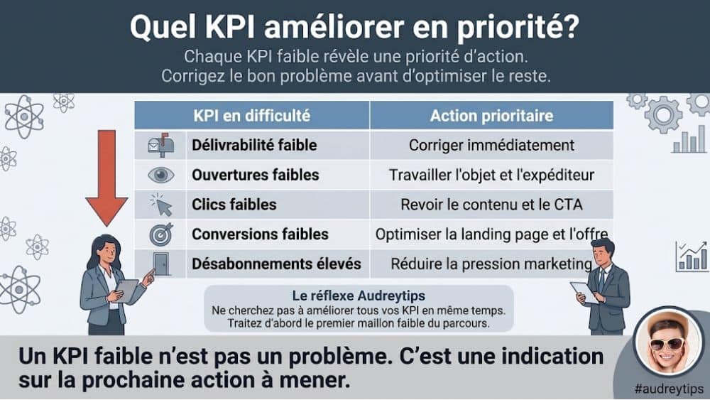 Infographie sous forme de matrice d'aide à la décision indiquant quel KPI améliorer en priorité selon les performances d'une campagne d'email marketing. Elle associe chaque indicateur (délivrabilité, ouvertures, clics, conversions et désabonnements) à l'action prioritaire pour optimiser les résultats. Infographie présentant les KPI à améliorer en priorité pour optimiser les performances d'une campagne d'email marketing.
