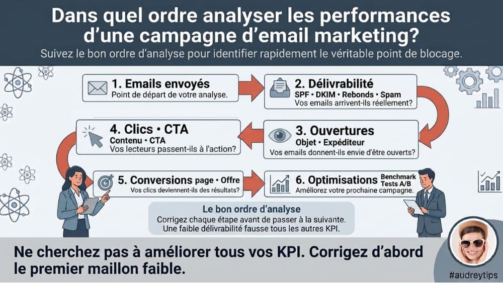 Pourquoi intégrer un benchmark à votre stratégie d'email marketing ? Infographie montrant l'ordre d'analyse des KPI d'une campagne d'email marketing, de la délivrabilité jusqu'à l'optimisation.