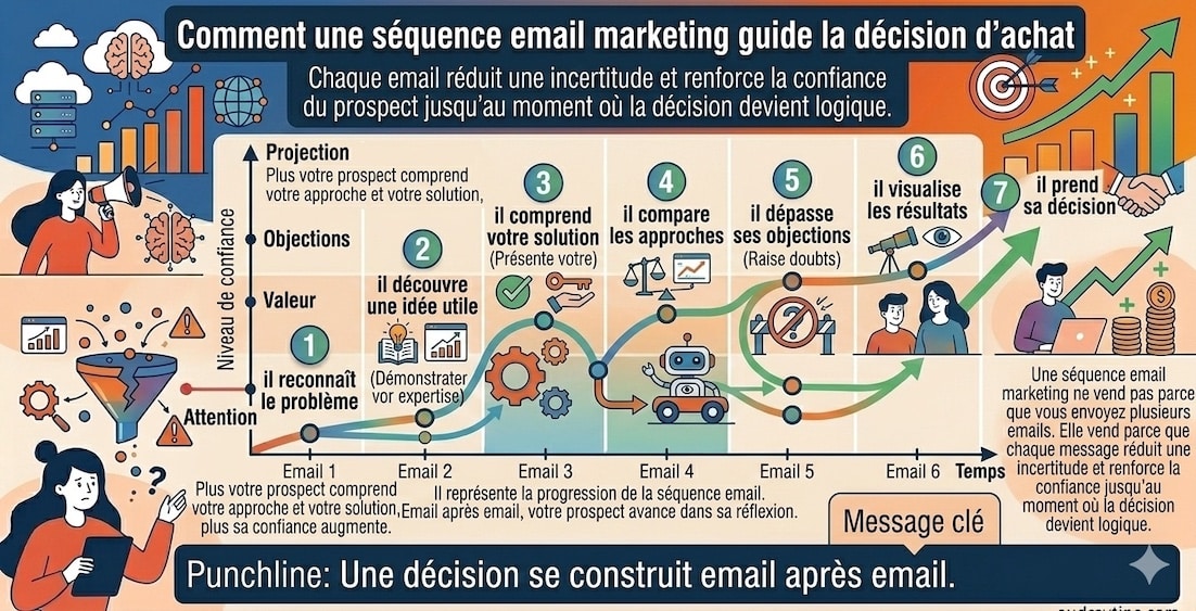 Séquence email marketing en 7 emails : capter l’attention, installer la confiance et déclencher la décision d’achat Infographie montrant comment une séquence email marketing en 7 emails guide progressivement un prospect vers la décision d’achat