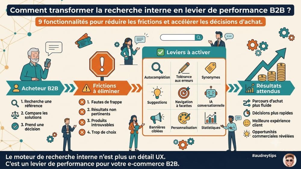 Infographie recherche interne e-commerce B2B Infographie présentant 9 leviers pour optimiser la recherche interne d'un e-commerce B2B, réduire les frictions du parcours d'achat et accélérer les décisions des acheteurs.