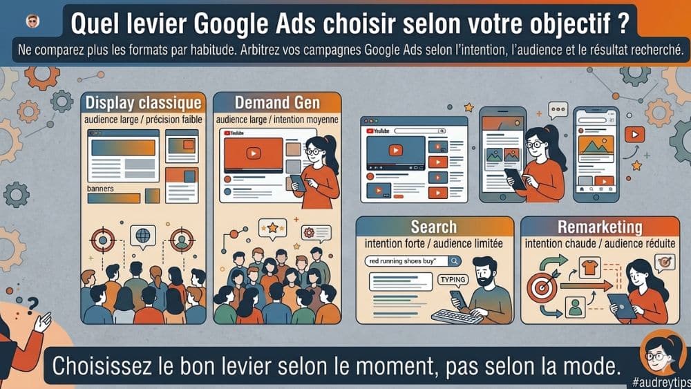 Demand Gen Google Ads : quel rôle dans votre stratégie d’acquisition ? Infographie comparant Display classique, Demand Gen, Search et Remarketing pour choisir le bon levier Google Ads selon l’objectif d’acquisition.