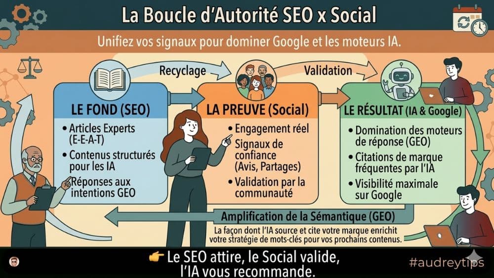 Comprendre la synergie SEO & Social pour l'ère de l'IA. Infographie Boucle d'Autorité SEO et Social Media