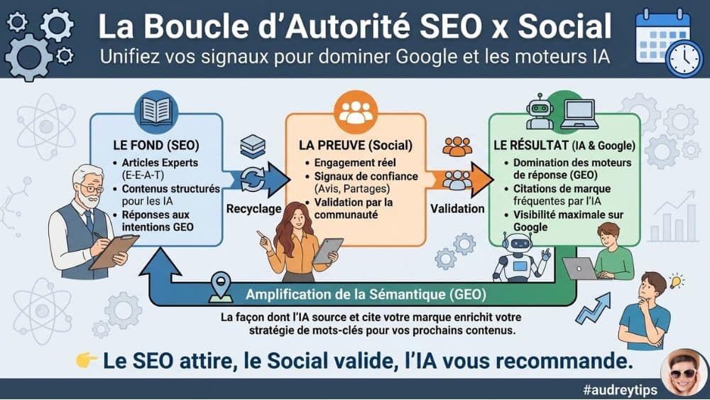 Créer une synergie entre SEO, réseaux sociaux et visibilité IA Infographie de la boucle d’autorité entre SEO, réseaux sociaux, Google et moteurs IA