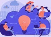 Illustration d’équipe en télétravail autour d’un nuage et d’une ampoule, pour structurer une stratégie de création de contenu B2B orientée décision