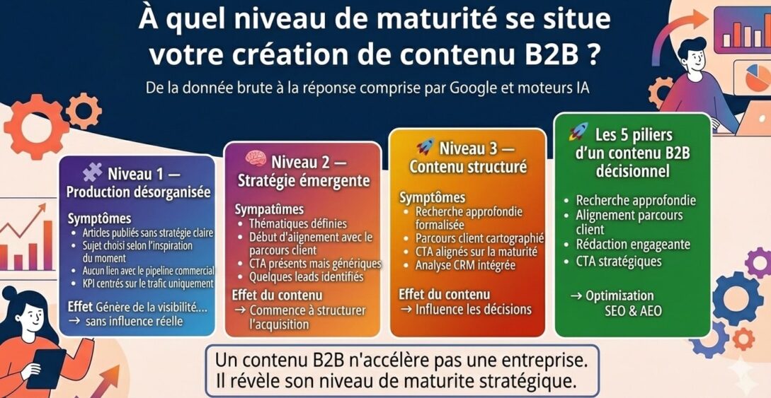 Structurer durablement votre création de contenu B2B pour générer des opportunités qualifiées Infographie présentant les niveaux de maturité d’une création de contenu B2B, de la production désorganisée au contenu décisionnel piloté par la donnée