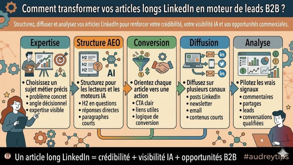Infographie articles longs LinkedIn et leads B2B Infographie expliquant comment transformer des articles longs LinkedIn en moteur de leads B2B grâce à une stratégie AEO et IA