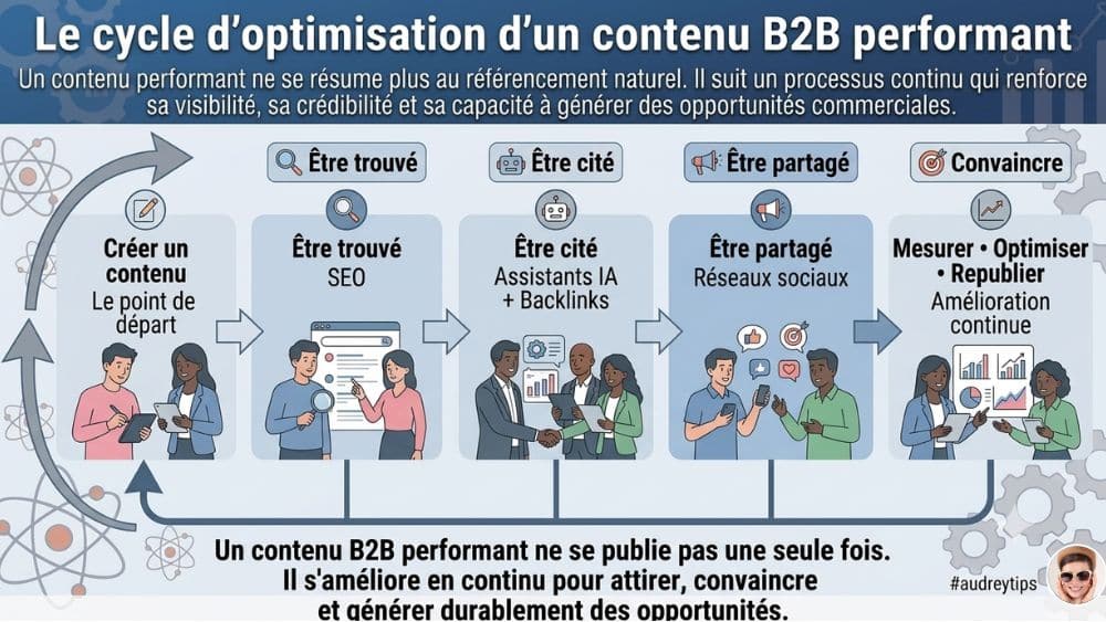Comment faire de votre contenu B2B un levier de visibilité et de conversion ? Infographie présentant le cycle d’optimisation d’un contenu B2B, de sa création à sa republication après analyse des performances.