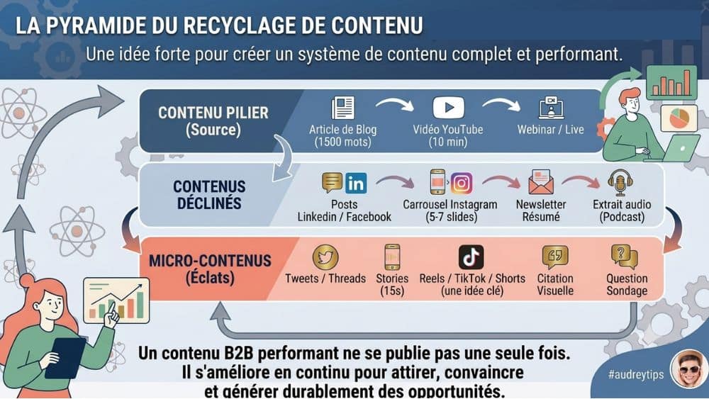 Optimiser un contenu B2B pour les réseaux sociaux grâce au recyclage de contenu Infographie présentant une stratégie de recyclage de contenu B2B pour adapter un article de blog aux différents réseaux sociaux.