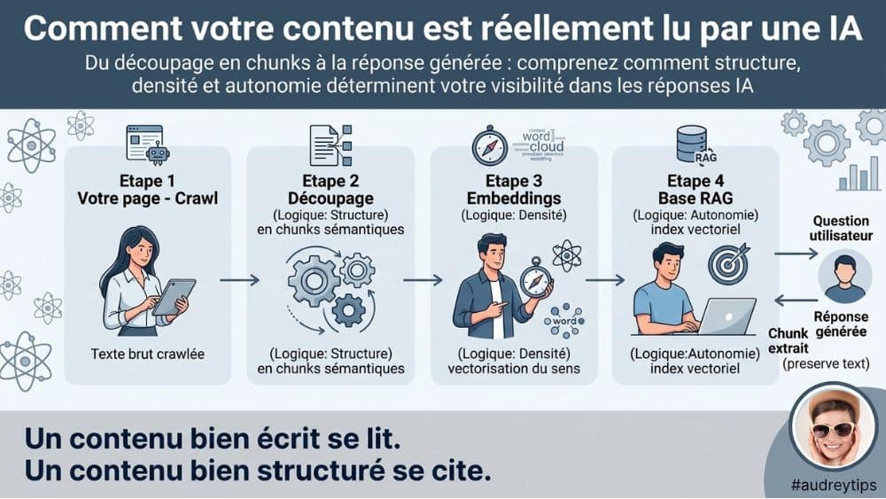 Optimiser un contenu B2B pour les assistants IA (ChatGPT, Gemini, Claude et Perplexity) Infographie expliquant comment les assistants IA analysent un contenu B2B grâce aux chunks sémantiques, aux embeddings et au RAG.