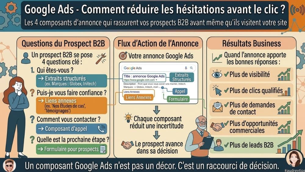 Les 4 composants Google Ads qui rassurent les prospects B2B et améliorent les performances de vos campagnes. Infographie expliquant comment choisir les composants Google Ads en B2B pour réduire les hésitations avant le clic, rassurer les prospects et générer davantage de leads qualifiés.