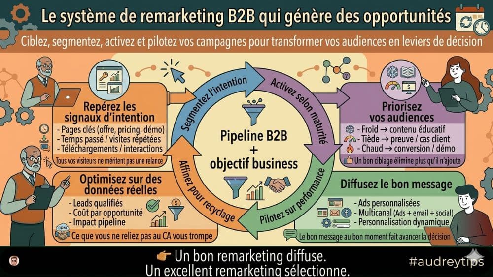 Infographie - la boucle du remarketing Google Ads en B2B orientée opportunités et pilotage du pipeline Infographie sur le remarketing Google Ads B2B montrant comment transformer des audiences en opportunités grâce au pilotage par le pipeline et les données