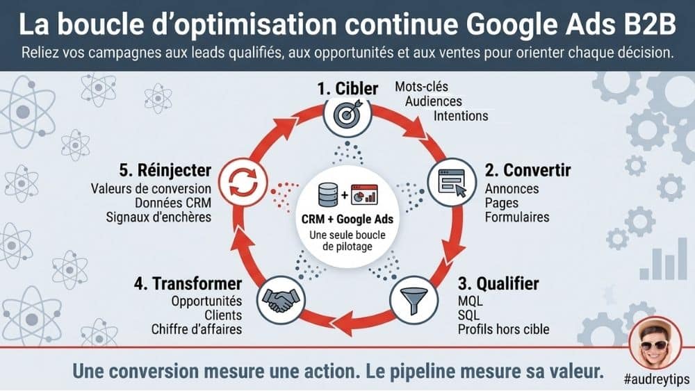 Piloter vos campagnes Google Ads B2B depuis le pipeline commercial Boucle en cinq étapes reliant Google Ads, le CRM, les leads qualifiés, les opportunités et les ventes B2B