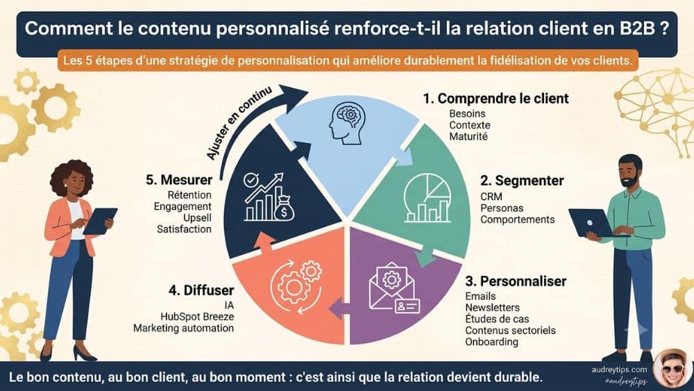 Contenu personnalisé B2B et fidélisation client Infographie présentant les 5 étapes pour utiliser le contenu personnalisé en B2B : comprendre, segmenter, personnaliser, diffuser et mesurer.