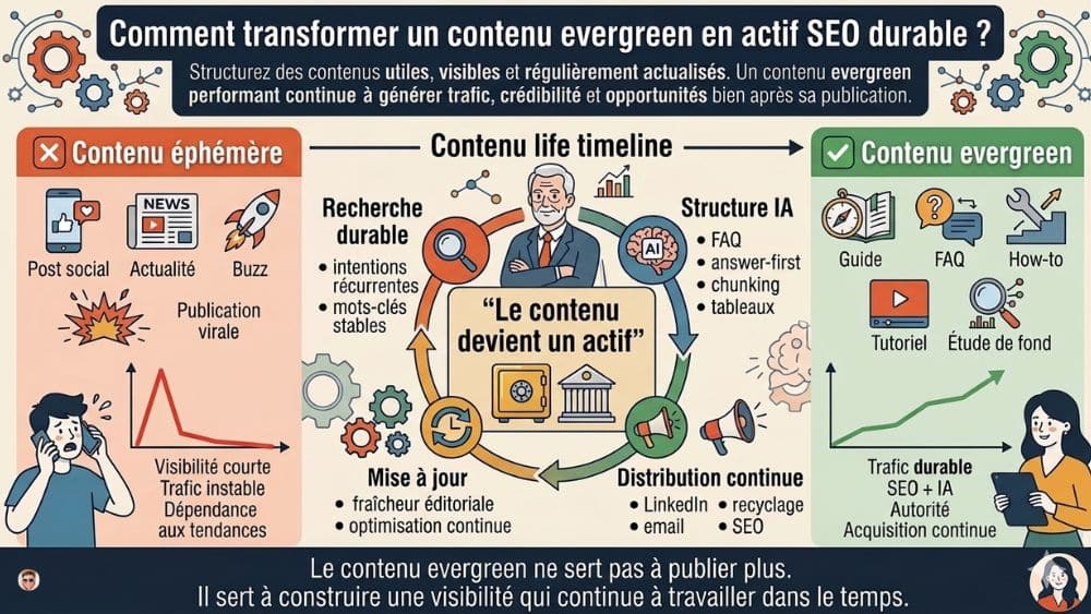 Infographie stratégie de contenu evergreen durable pour le SEO et les moteurs IA Infographie expliquant comment transformer un contenu evergreen en actif SEO durable grâce au SEO, à l’IA et à une stratégie de diffusion continue