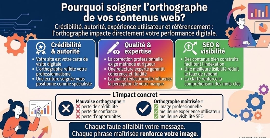 Orthographe et performance digitale : crédibilité, expérience utilisateur et SEO Infographie - pourquoi soigner l’orthographe de vos contenus web améliore crédibilité, autorité et référencement SEO.