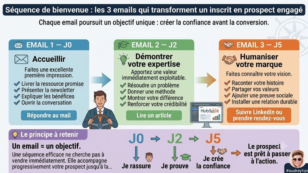 Comment transformer une séquence de bienvenue en levier de conversion durable ? Infographie présentant une séquence de bienvenue en 3 emails pour créer la confiance, démontrer son expertise et transformer un nouvel inscrit en prospect engagé.