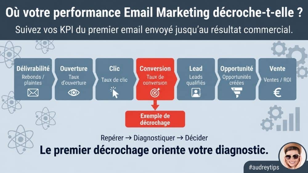 Comment analyser vos KPI Email Marketing pour identifier les décrochages ? Infographie sur la performance Email Marketing : de la délivrabilité aux ventes, avec un exemple de décrochage à la conversion.