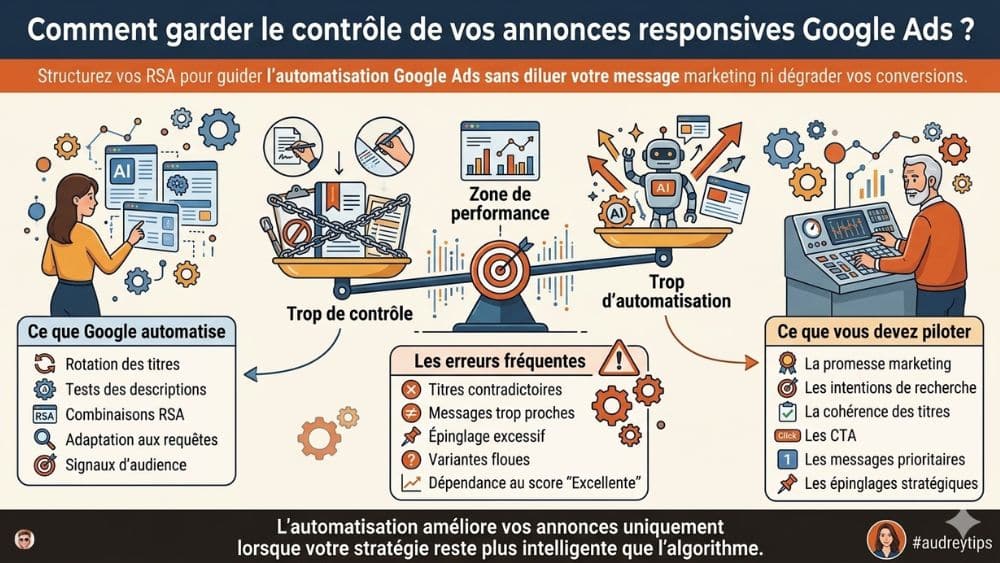 Pilotage stratégique des annonces responsives Google Ads Infographie sur les annonces responsives Google Ads montrant l’équilibre entre automatisation, pilotage stratégique et optimisation des conversions