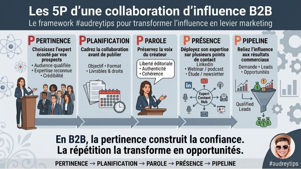 Framework des 5P pour transformer l’influence en levier B2B durable Framework des 5P d’une collaboration d’influence B2B : pertinence, planification, parole, présence et pipeline