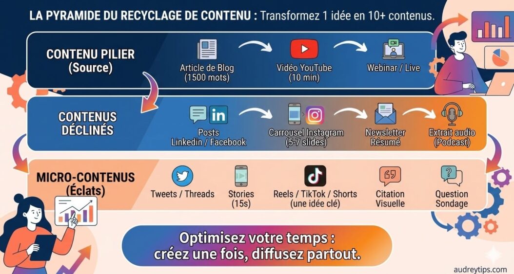 Infographie montrant comment utiliser l’IA pour transformer un contenu pilier en article, vidéo, newsletter, podcast, carrousel, publications LinkedIn et micro-contenus afin de diffuser un même message sur plusieurs canaux.