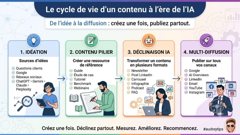 Le cycle de vie d'un contenu avec l'IA : de l'idée à la diffusion multicanale Infographie illustrant le cycle de vie d'un contenu à l'ère de l'IA : idéation, création d'un contenu pilier, déclinaison en plusieurs formats et diffusion multicanale pour atteindre ses objectifs marketing.
