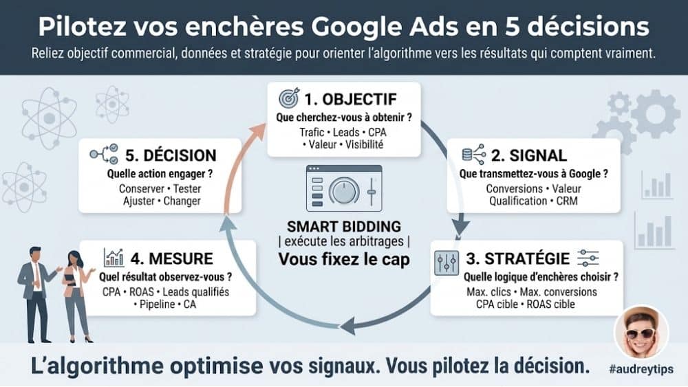 Piloter sa stratégie d’enchères Google Ads en 5 décisions Boucle de pilotage d’une stratégie d’enchères Google Ads en 5 décisions : objectif, signal, stratégie, mesure et décision