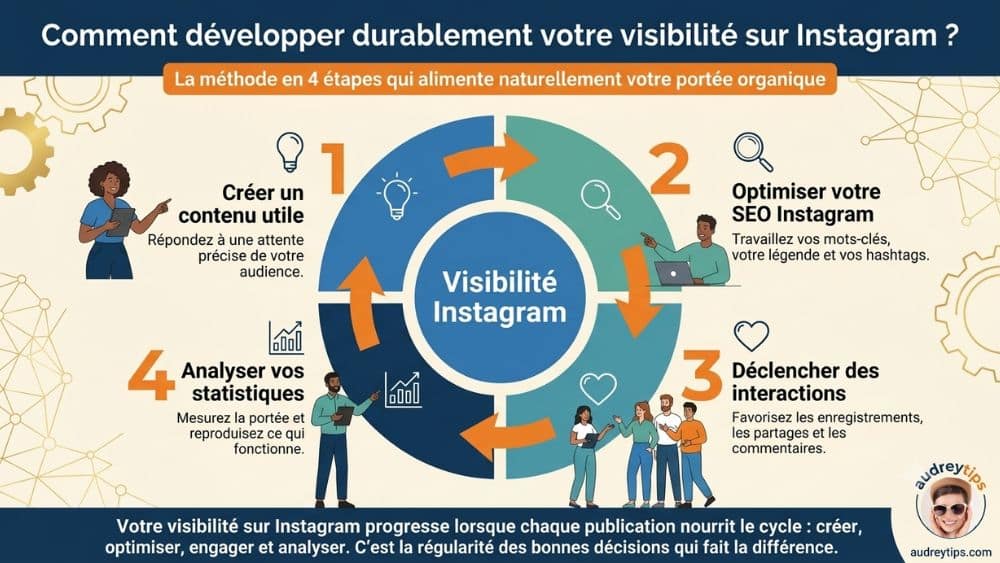 Cycle en 4 étapes pour améliorer durablement votre visibilité sur Instagram Infographie présentant une méthode en 4 étapes pour développer durablement votre visibilité sur Instagram : créer un contenu utile, optimiser le SEO Instagram, déclencher des interactions et analyser les statistiques.