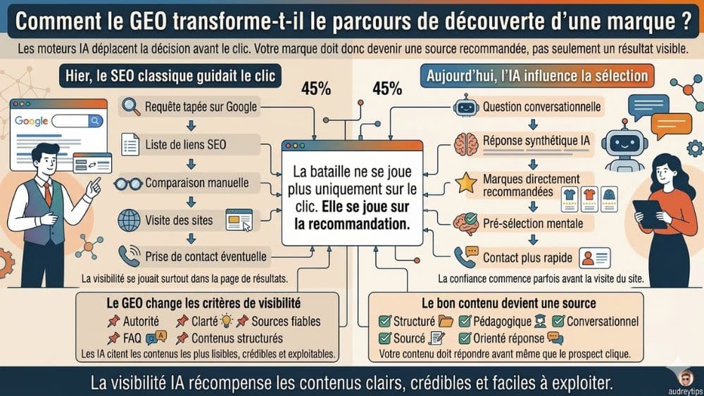 GEO et visibilité IA : comment les moteurs génératifs changent les parcours d’achat Infographie comparant SEO classique et GEO pour expliquer l’évolution de la visibilité dans les moteurs IA
