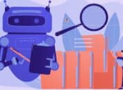 Illustration GEO et visibilité IA avec robot analysant des contenus digitaux pour moteurs génératifs