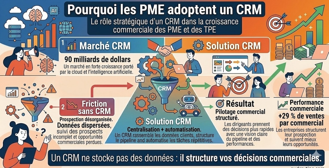 Infographie HubSpot CRM : structurer la croissance commerciale des PME et TPE Infographie montrant pourquoi les PME et TPE adoptent HubSpot CRM pour structurer leur organisation commerciale et leur pipeline de vente