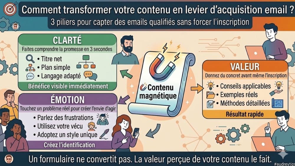 Infographie contenu magnétique pour capter des emails qualifiés Infographie expliquant comment capter des emails avec un contenu à forte valeur perçue grâce à 3 piliers : clarté, émotion et valeur.