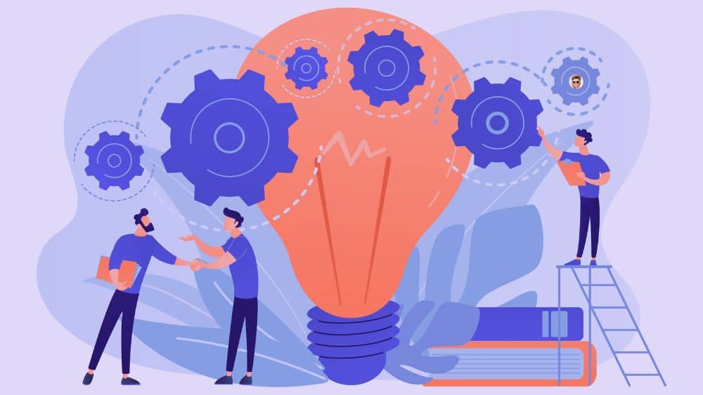 Adaptation des messages marketing avec l’IA et la data CRM HubSpot Équipe marketing ajustant des mécanismes symbolisant l’adaptation du Loop Marketing HubSpot grâce à la data CRM et à l’IA