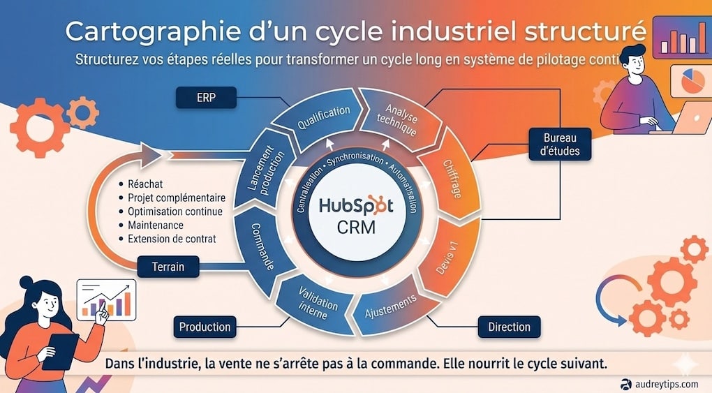 Cycle industriel piloté stratégiquement avec HubSpot CRM Infographie montrant la cartographie d’un cycle industriel structuré avec HubSpot CRM pour piloter des cycles longs et des devis complexes