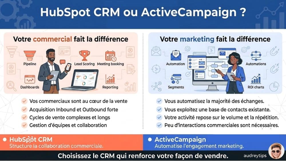 Choisir entre HubSpot CRM et ActiveCampaign selon votre mode de conversion Infographie comparant HubSpot CRM et ActiveCampaign selon le mode de conversion, le rôle du commercial et le niveau d’automatisation marketing.