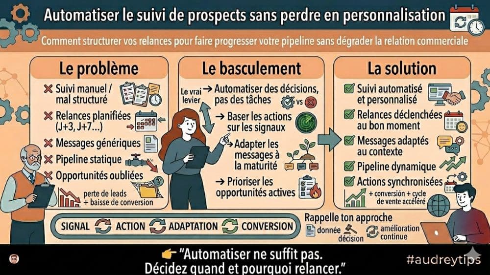 Automatiser le suivi de prospects avec un CRM : signaux, relances et personnalisation Infographie sur l’automatisation du suivi de prospects avec CRM basée sur les signaux pour personnaliser les relances et améliorer la conversion