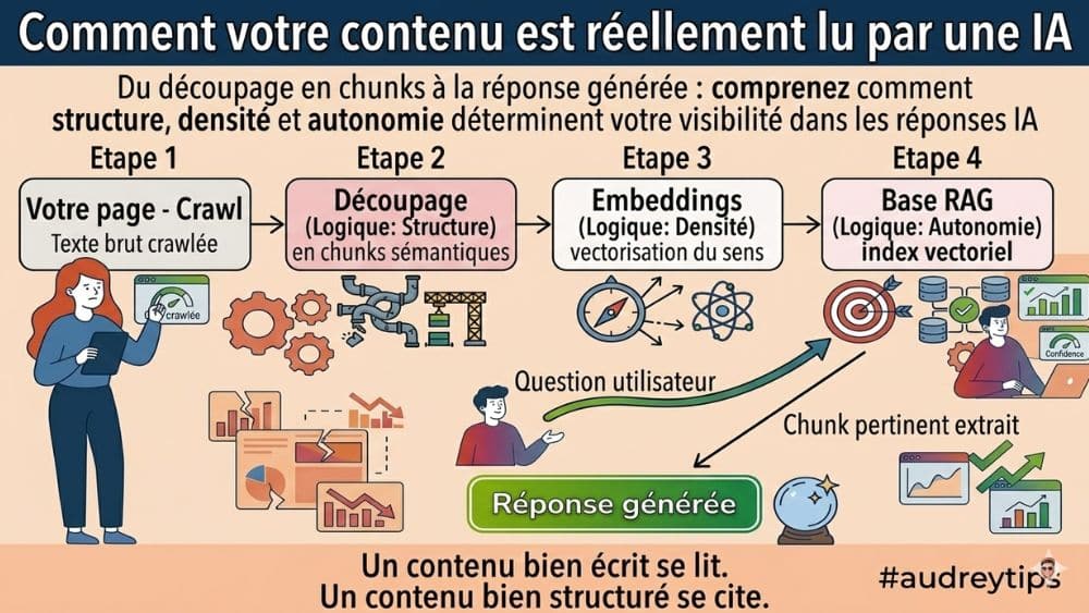 Pourquoi les IA ne lisent pas comme des humains : comprendre le chunking, les embeddings et le RAG Processus de lecture d’une IA : découpage en chunks, embeddings et RAG pour sélectionner les contenus pertinents