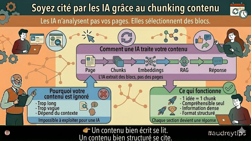 Comment structurer votre contenu pour apparaître dans les réponses des IA Infographie chunking contenu : structurer des blocs autonomes pour apparaître dans les réponses des IA comme ChatGPT ou Gemini