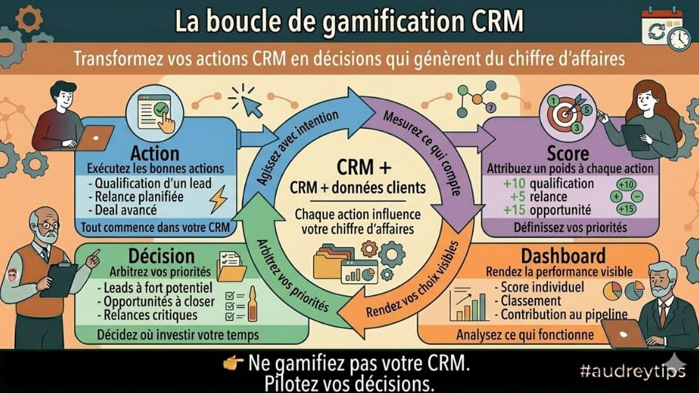 Infographie boucle gamification CRM HubSpot pour améliorer la qualification des leads et le pipeline infographie gamification CRM HubSpot boucle décision qualification leads performance commerciale pipeline