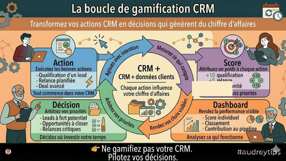Infographie boucle gamification CRM HubSpot pour améliorer la qualification des leads et le pipeline infographie gamification CRM HubSpot boucle décision qualification leads performance commerciale pipeline
