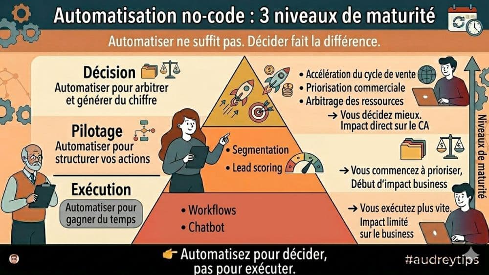 Pyramide des automatisations no-code HubSpot CRM pour piloter vos décisions Automatisations no-code HubSpot CRM : pyramide des 3 niveaux de maturité pour piloter vos décisions et générer du chiffre