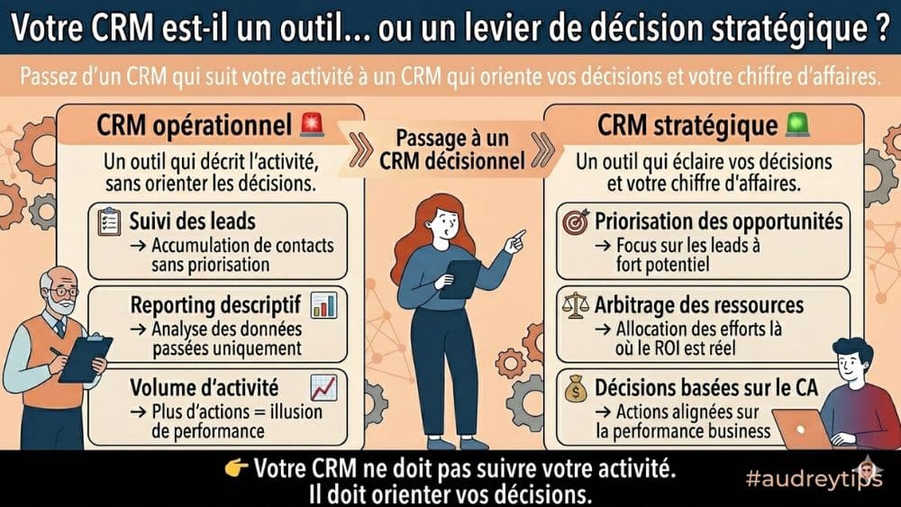 Transformez votre CRM HubSpot en outil de décision stratégique pour piloter votre croissance Infographie CRM HubSpot comparant un CRM opérationnel et un CRM stratégique pour piloter les décisions et améliorer la performance commerciale