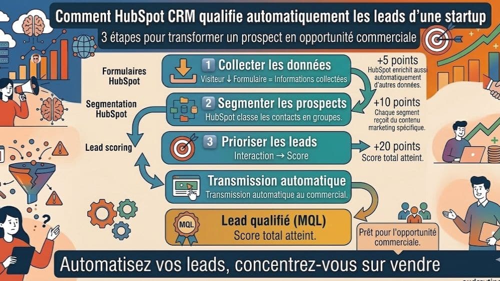 Infographie HubSpot CRM : qualification automatisée des leads pour une startup Infographie expliquant comment HubSpot CRM automatise la qualification des leads d’une startup avec formulaires, segmentation et lead scoring