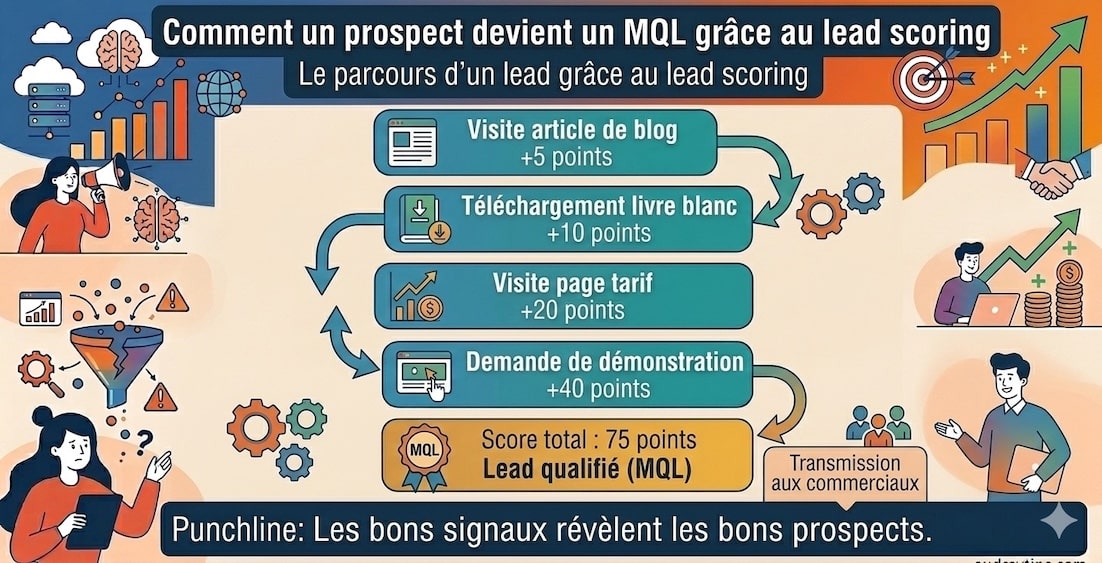 Parcours d’un prospect jusqu’au MQL avec le lead scoring HubSpot Infographie lead scoring HubSpot montrant le parcours d’un prospect jusqu’au statut MQL grâce à l’attribution de points aux interactions