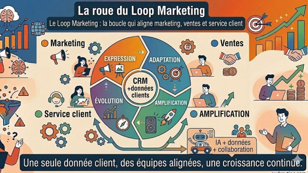 Loop Marketing HubSpot : roue d’alignement des équipes et croissance continue Infographie Loop Marketing HubSpot montrant la roue d’alignement marketing ventes service client autour des données CRM
